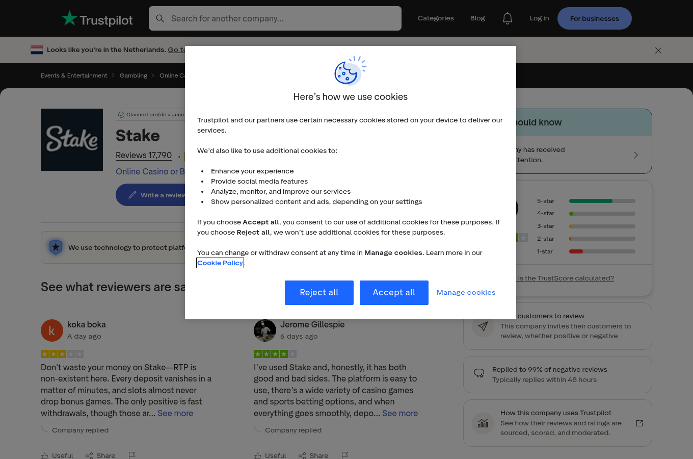 Zajem uporabniškega konteksta za stake.com na Trustpilotu